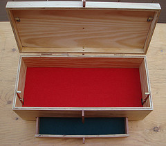 Interior of the racy space box with false floor in place to conceal the hidden mechanisms